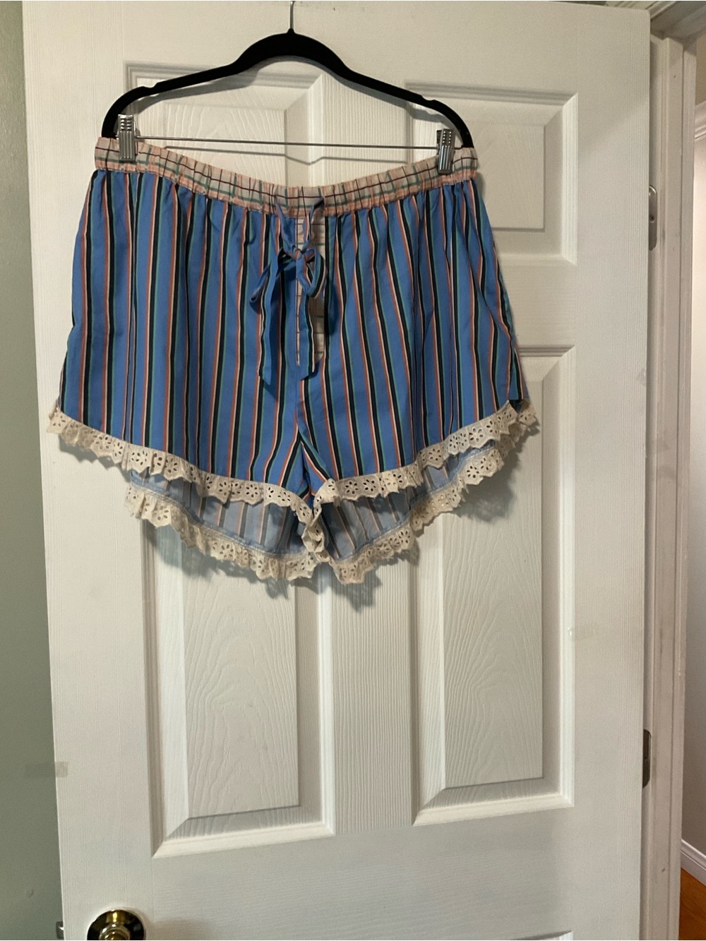 Anthropologie Blue Multi-Stripe Lace-Trim Sleep Shorts
